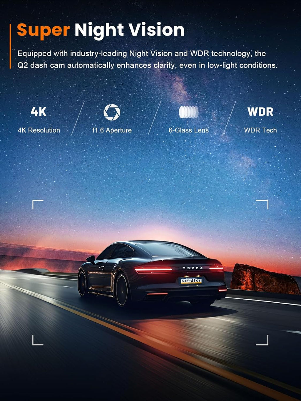 galphi 4k dash cam front, 5ghz wifi, 32gb showing dimensions