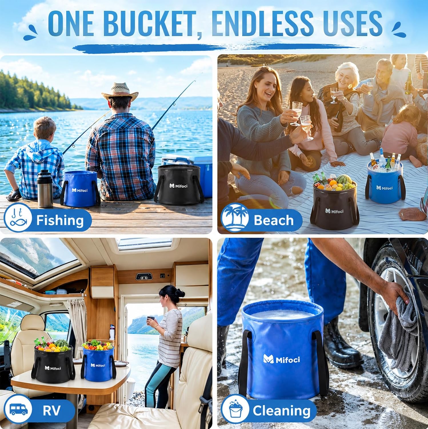Mifoci 2 Pcs Collapsible Bucket 5 Gallon and 8 Gallon with Handle Portable Foldable Bucket for Camping Fishing Sturdy Leakproof Collapsible Cleaning Buckets for Car Wash RV Outdoor (Black,Dark Blue)