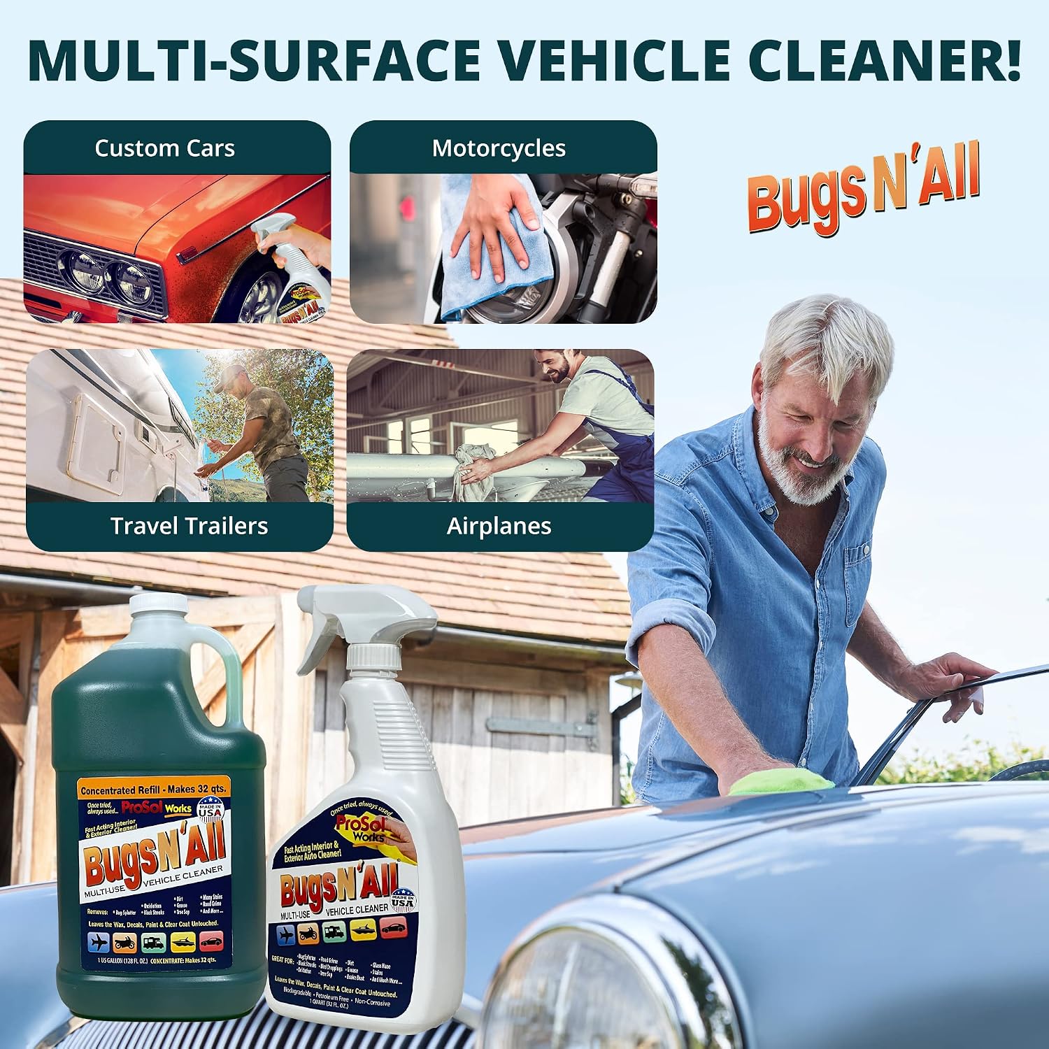 Bugs N' All Multi Surface Cleaner Spray Concentrate 1 Gal. w/Empty Cleaning Spray Bottle 32 oz. & Bug Sponge for Car Washing - Mutli-Vehicle Cleaning - Bug & Tar Remover for all Vehicles