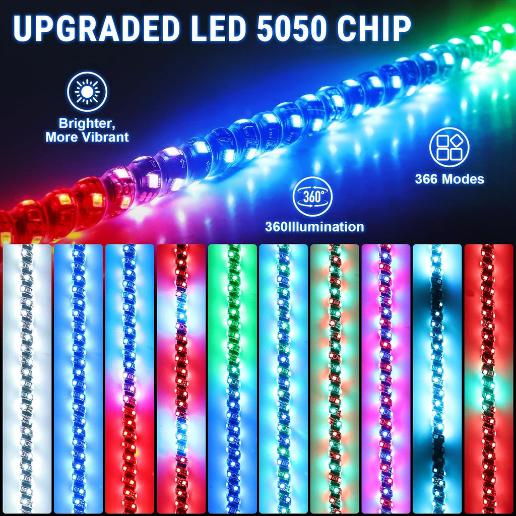 2PCS 3FT Spiral RGB LED Whip Light for UTV, with Spring Base App & RF Wireless Remote Control, Chasing Lighted Antenna Whips for UTV ATV RZR SXS Can-Am Polaris Offroad Truck