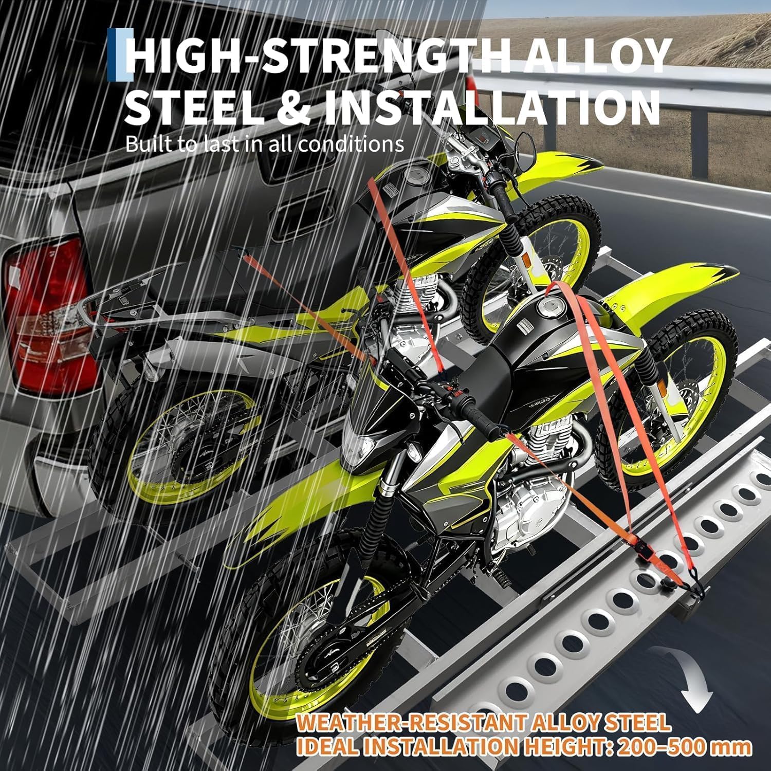 600 lbs Professional-Grade Motorcycle Hitch Carrier – 2 Inch Receiver Hitch Mount, Anti-Wobble Stabilization, Non-Slip Ramp, Tie-Down Straps, Dirt Bike & Motorcycle Trailer Transport