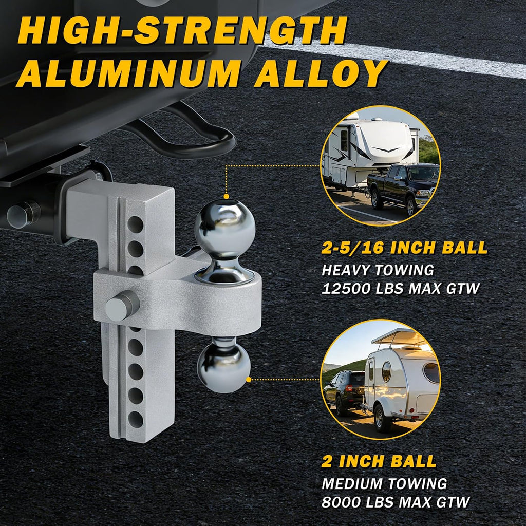 Aluminum Adjustable Trailer Hitch for 2-Inch Receiver 6 Inch Drop/Rise Hitch Ball Mount with 2" and 2-5/16" Ball Hitches Heavy Duty 12,500 LBS GTW Towing Hitch