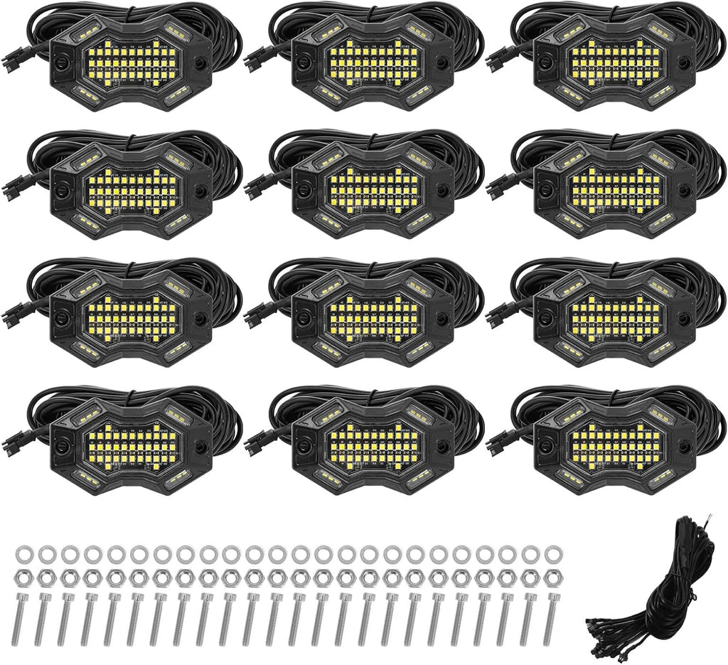 SUNPIE 12 Pods 6000K Magnetic White Rock Lights with 4M Extension Wires | Wide beam angle, includes switch wire, quick connect plugs, 49 chips, IP67, fits trucks, SUV, ATV, UTV, trailer, boats