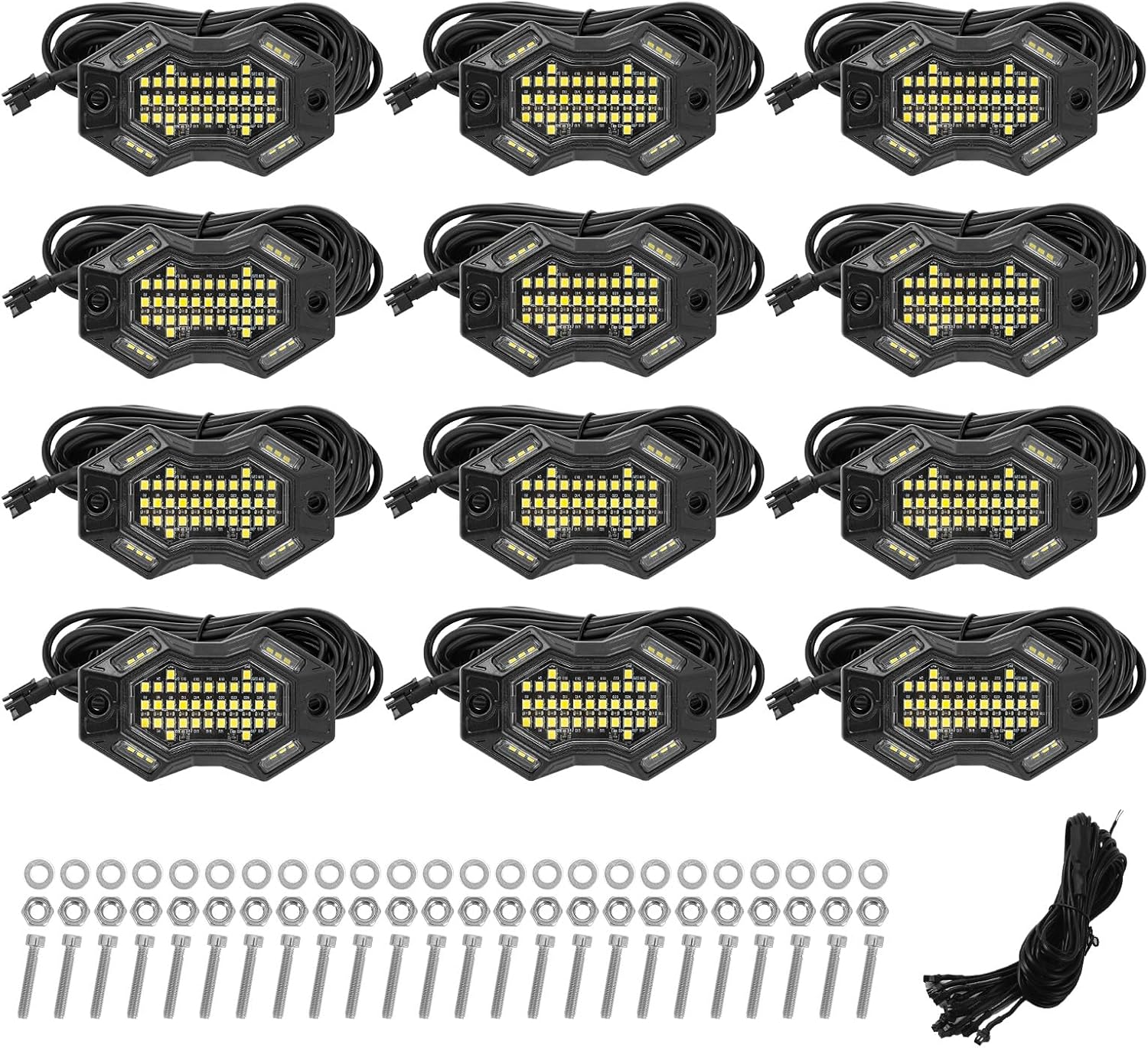 SUNPIE 12 Pods 6000K Magnetic White Rock Lights with 4M Extension Wires | Wide beam angle, includes switch wire, quick connect plugs, 49 chips, IP67, fits trucks, SUV, ATV, UTV, trailer, boats