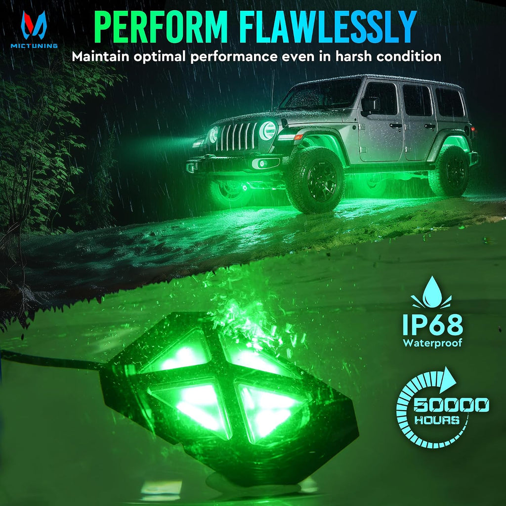 MICTUNING C4 RGBW Rock Lights Kit, 12 Pods 360° Ultra-Bright 4-Sided Wide Beam Angle Underglow Neon Accent Lighting Kit, Microphone Sync with APP Control, IP68 Waterproof