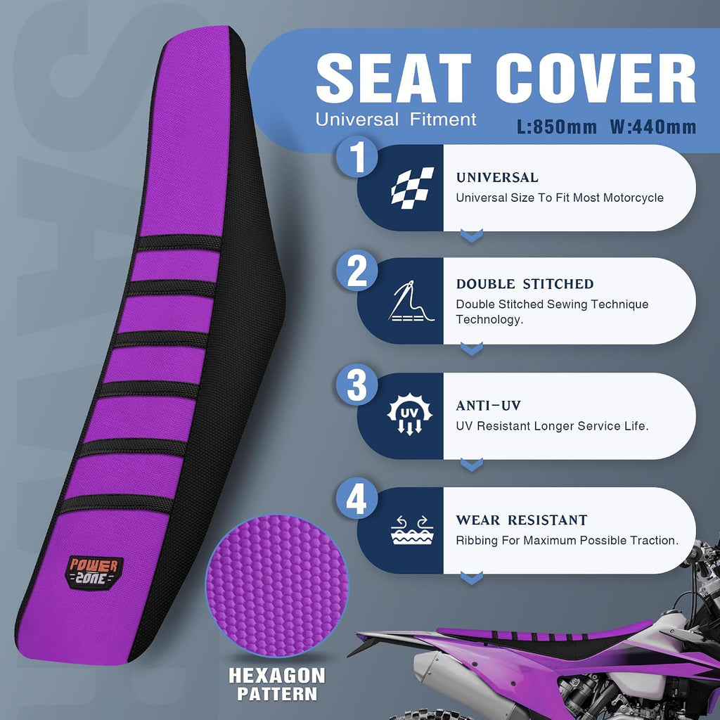 Universal White Dirt Bike Seat Cover, 6 Ribs Motorcycle Enduro Soft Dirt Pit Bike Seat Covers (Black-Purple)