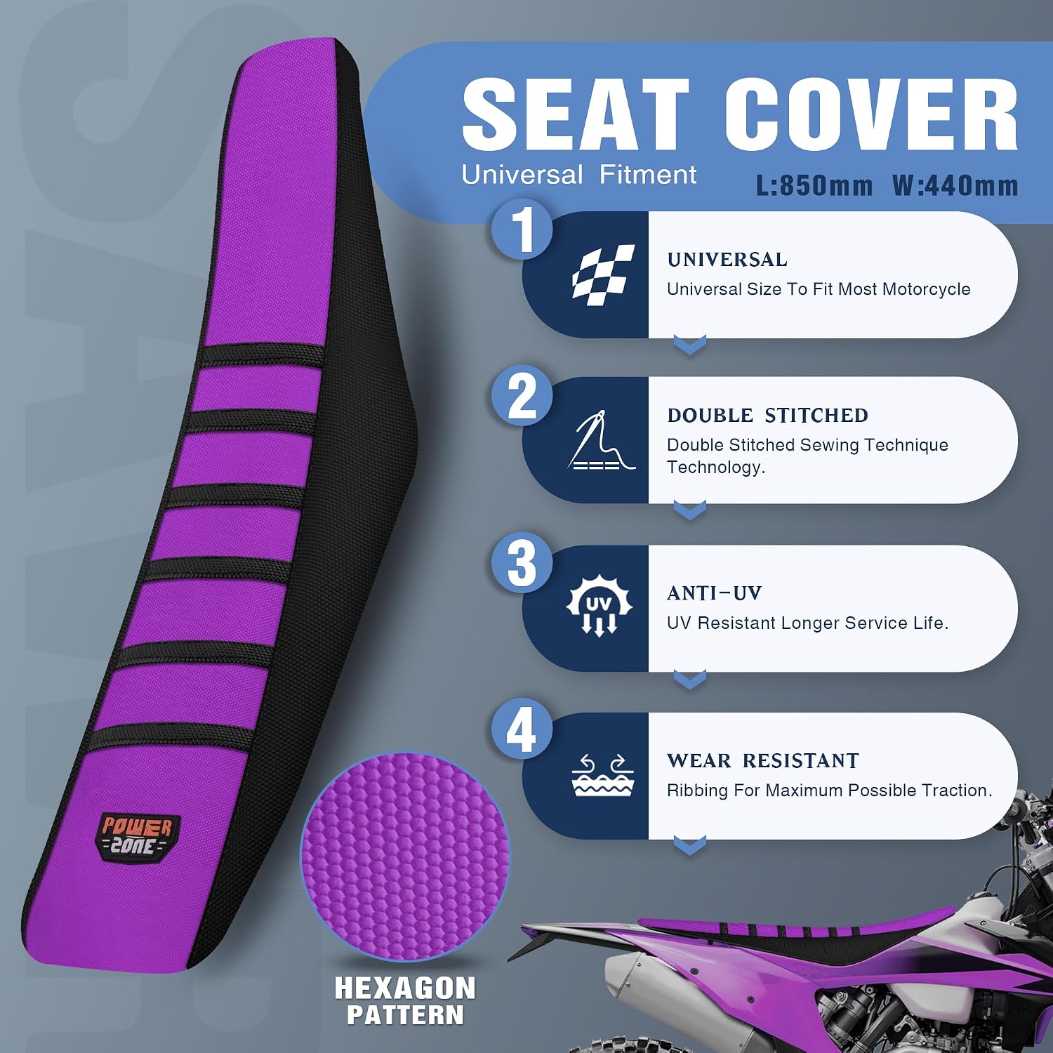 Universal White Dirt Bike Seat Cover, 6 Ribs Motorcycle Enduro Soft Dirt Pit Bike Seat Covers (Black-Purple)
