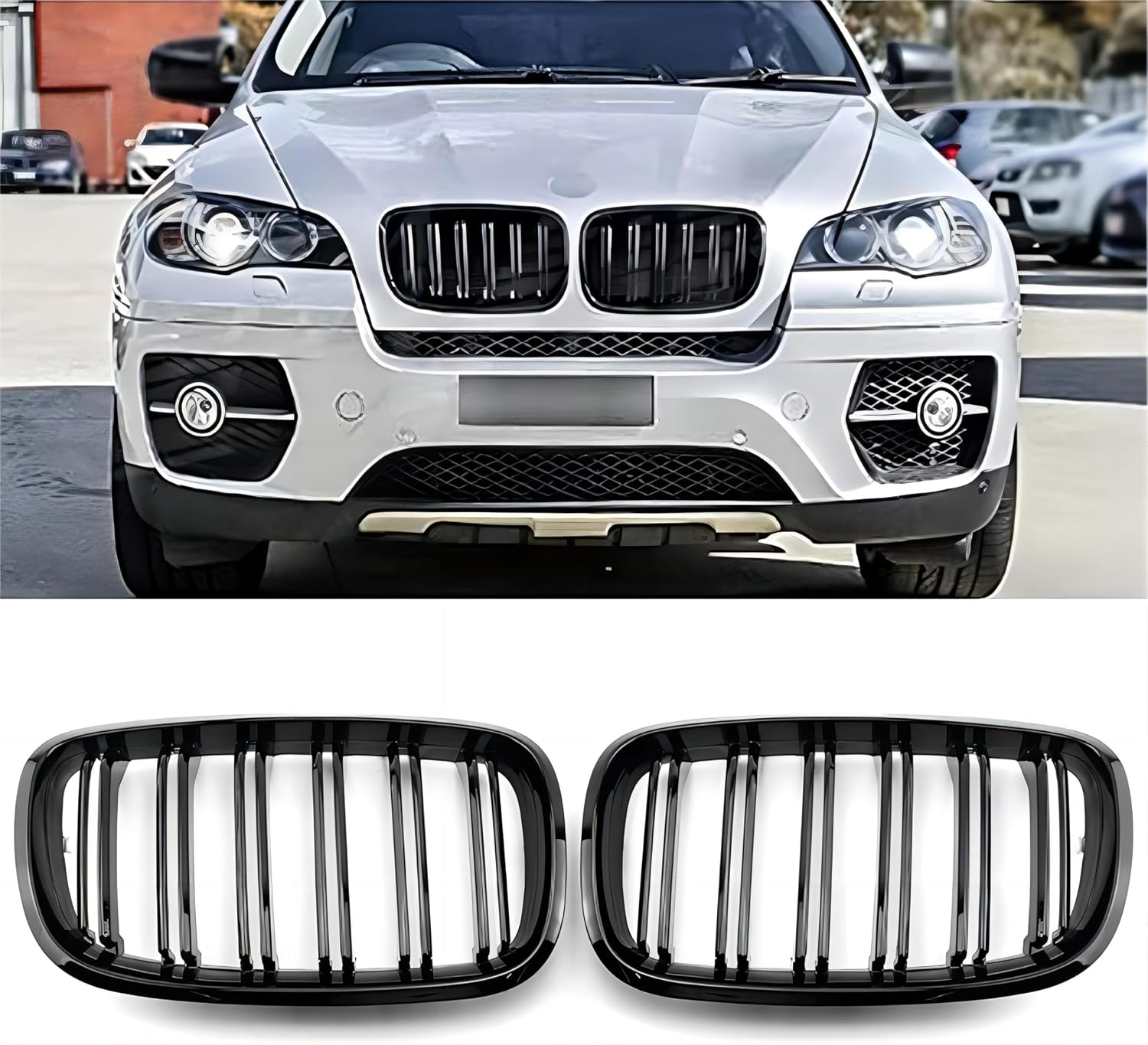 X5 E70 Black Front Kidney Grill Fit for 2007-2014 BMW X5 E70 X6 E71 | Gloss Black-Double Slats, 2pcs