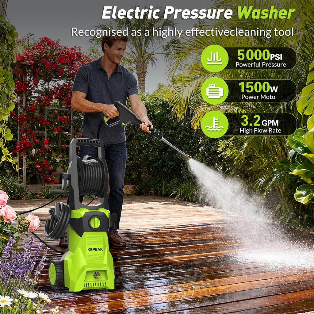 KEPEAK 5000PSI Portable PowerWasher with 4 Quick Connect Nozzles, Foam Cannon, 52ft Hose Reel, for Cars Fences Driveways Patios