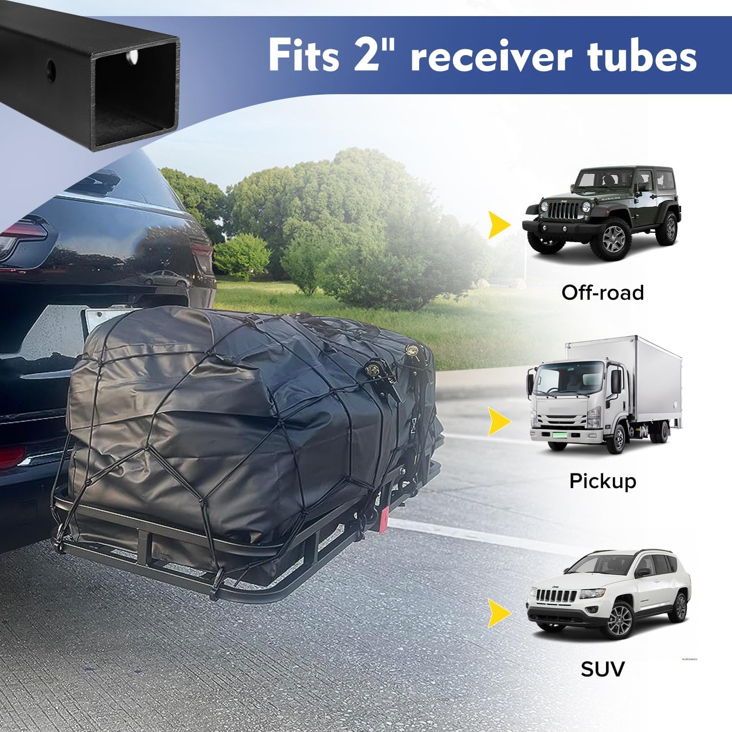 53" x 19" x 5" Hitch Cargo Carrier, 500 Lbs Heavy Duty Trailer Cargo Carrier Basket, Hitch Mount Cargo Carrier with Net, Strap, Tightener, Fits 2" Hitch Receiver for Car SUV Truck Pickup