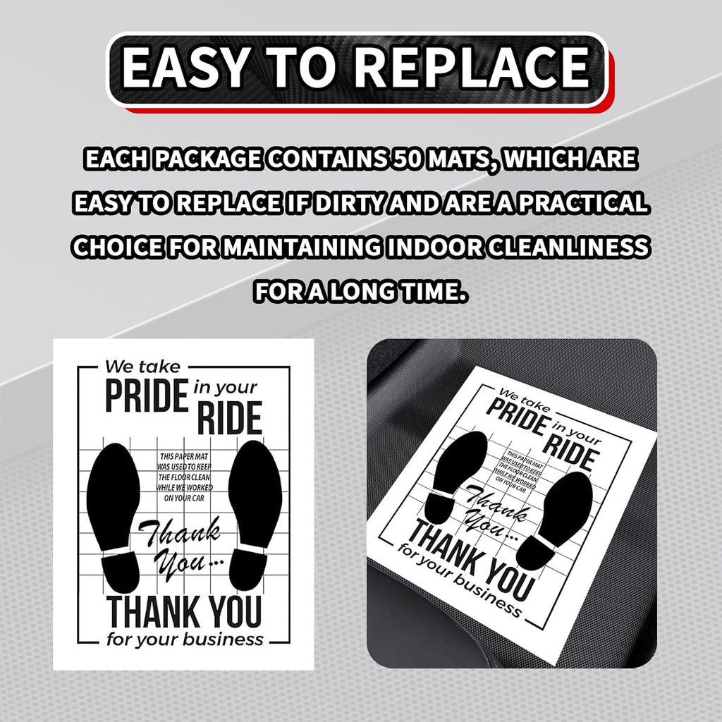 50 PCS Car Paper Floor Mats, Disposable Auto Carpet Protector with Footprint Words, 16 x 20 Inch Universal Temporary Vehicle Floor Pads for Automotive Detailing Wash & Protection (White)