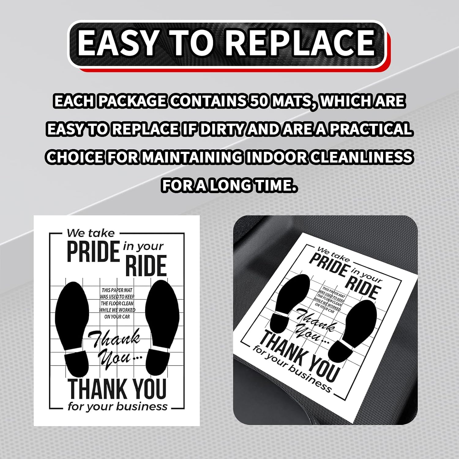 50 PCS Car Paper Floor Mats, Disposable Auto Carpet Protector with Footprint Words, 16 x 20 Inch Universal Temporary Vehicle Floor Pads for Automotive Detailing Wash & Protection (White)