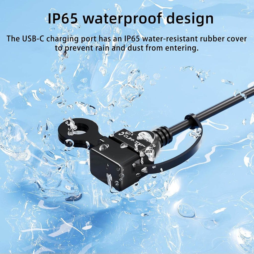Cliff Top Waterproof Motorcycle USB Charger, 18W PD, SAE, 10mm Mirror Mount | Waterproof cap, Type-C quick charge, SAE to USB-C connector, 10mm rearview mirror mount, motorbike phone/GPS charging