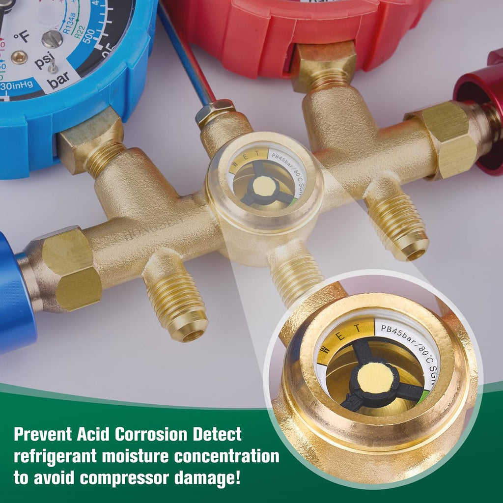 hvac manifold gauge set with brass body and on a desk or shelf
