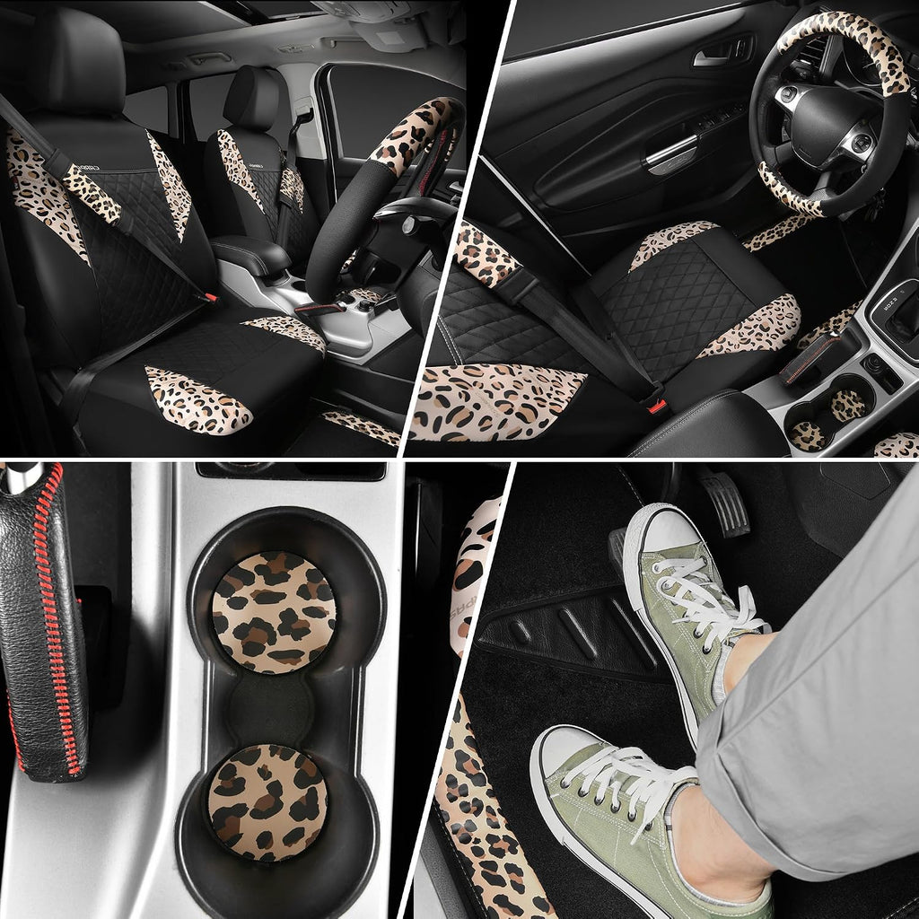 car pass leopard print faux leather car seat, close-up detail