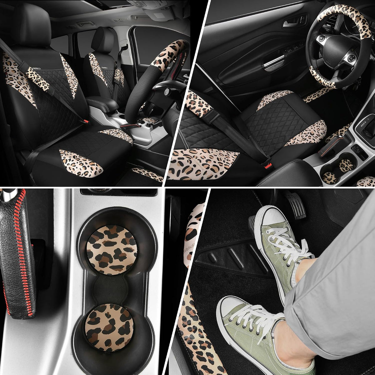 car pass leopard print faux leather car seat, close-up detail