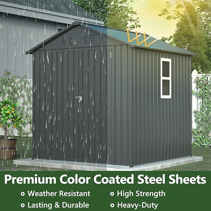 Outdoor Storage Shed, 6 X 6ft Metal Galvanized Steel Garden Shed