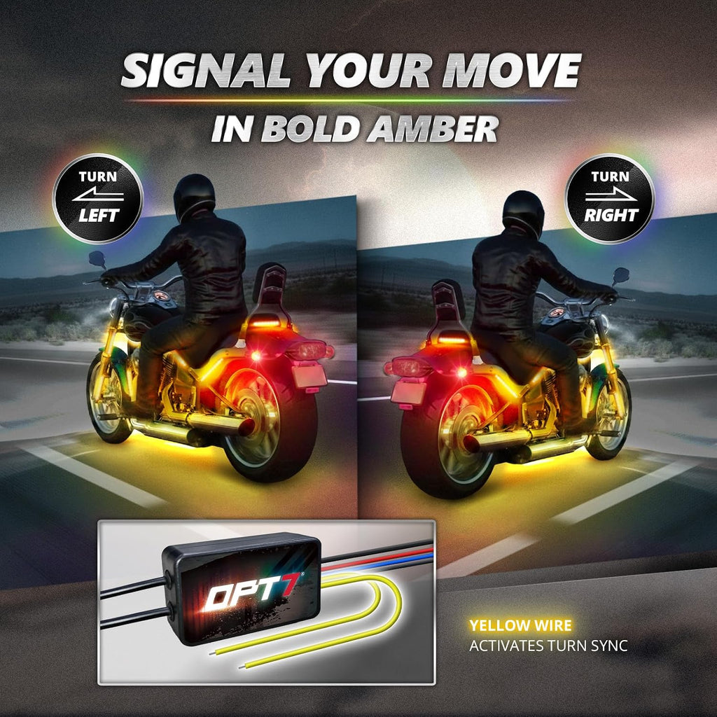 OPT7 12pcs Motorcycle LED Strip Lights for Harley Honda Yamaha Kawasaki | App & Keychain Remote Control, Neon Accent Cruiser Underglow, Sound Sync, Turn Signal & Brake Light, 12V Multicolor Decor