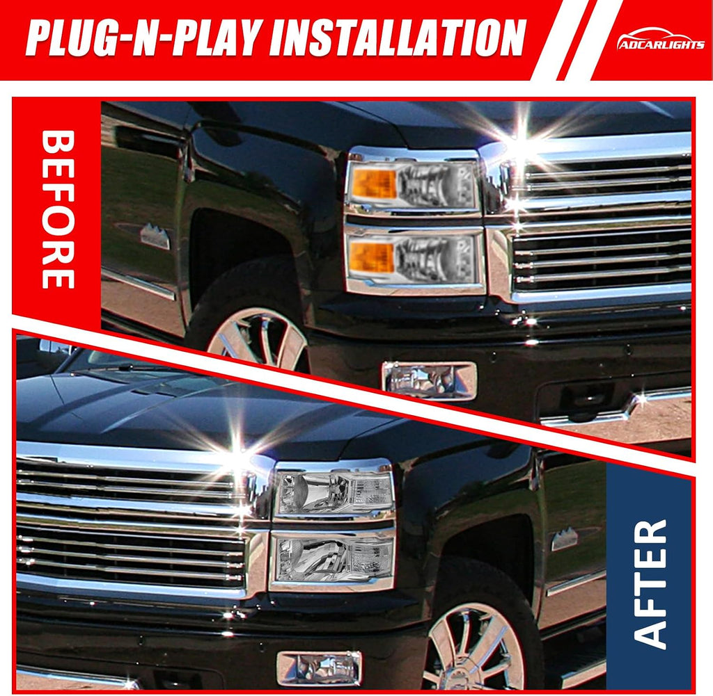 Headlight Assembly for 2014 2015 Chevy Silverado 1500 Chrome Housing with Clear Reflector Left and Right Pair（W/O Bulbs）
