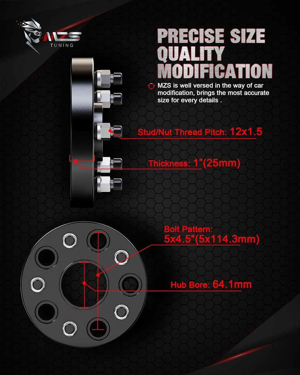 MZS 5x114.3 Wheel Spacers, 1inch 5x4.5" Compatible with Civic CRV Element CL ILX RSX TLX TSX MDX Hubcentric 64.1mm Bore with 12x1.5mm Studs- 5 Lug Tires Black (4pcs)