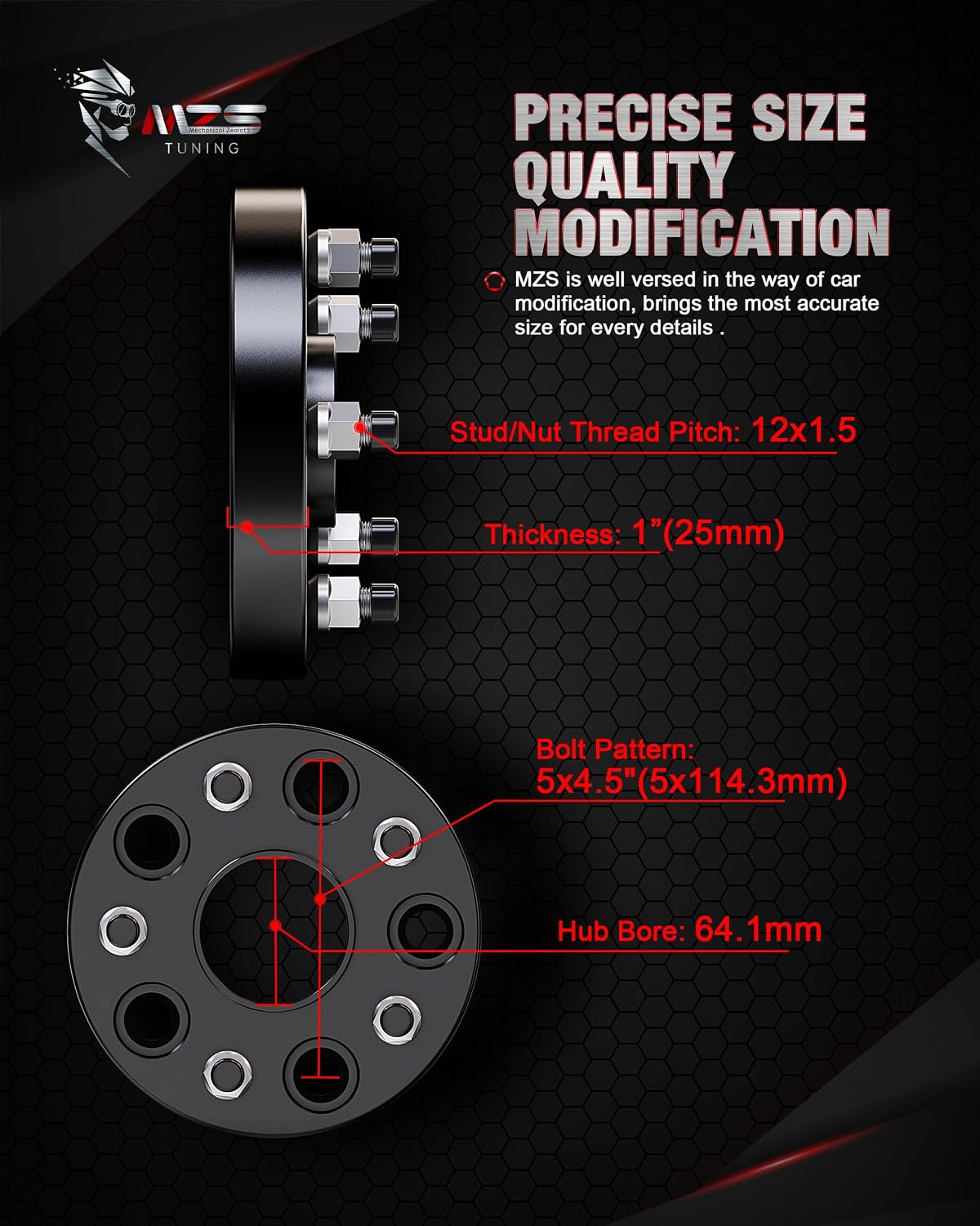 MZS 5x114.3 Wheel Spacers, 1inch 5x4.5" Compatible with Civic CRV Element CL ILX RSX TLX TSX MDX Hubcentric 64.1mm Bore with 12x1.5mm Studs- 5 Lug Tires Black (4pcs)