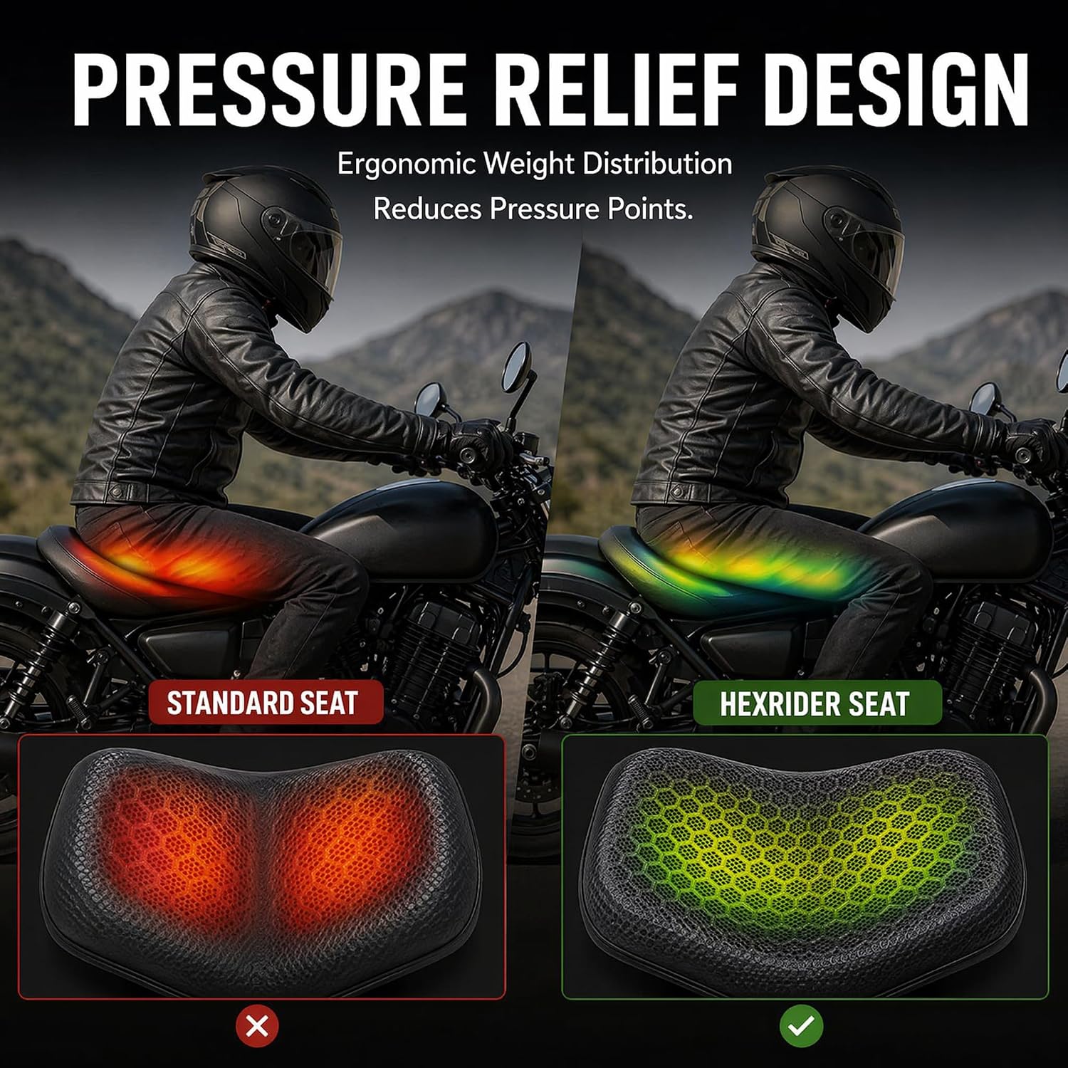 Hexrider Motorcycle Seat Cushion, 3D Honeycomb Cooling Gel Pad for Long Rides, Universal Non-Slip Shock Absorbing Seat Cover for Motorcycle Accessories, Foldable Breathable Cushion for Rider 1