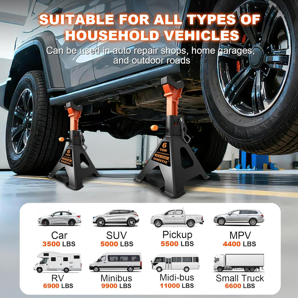 6 Ton (13,200 LBs) Jack Stands with Crossbars,Double Pin Locking,Rubber Cover,Large Foot Base,15"-22" Adjustable Height,Heavy Duty Car Jack Stands,Lifting Bus,RV,SUV,MPV,Pickup Truck,2 Pack