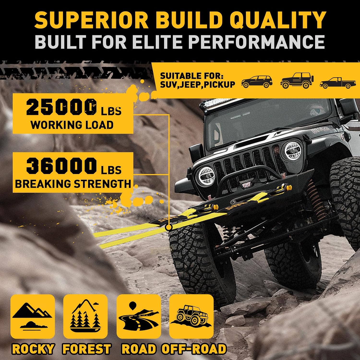 3" x 30Ft Recovery Tow Strap Heavy Duty with Hooks - 36000 LBS Break Strength, 2" Shackle Hitch Receiver + 3/4 D Ring Shackles (2pcs), Recovery Tow Rope for Truck, SUV, ATV Offroad Vehicle