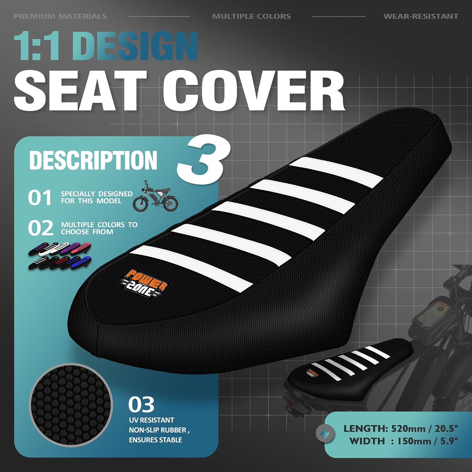 E-Bike Seat Cover Compatible with Q20, Anti-Slip Waterproof Rubber Seat Cushions for Electric Bike (Black-White)