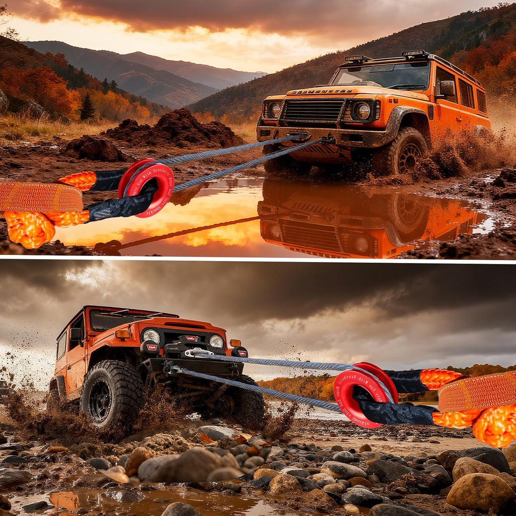 Synthetic Soft Shackle Rope 1/2 x 22 Inch Orange Recovery Tow Shackles with Red Snatch Recovery Ring 56,000lbs Breaking Strength Offroad Soft Shackle Recovery Kit for Off-Road ATV UTV Vehicles