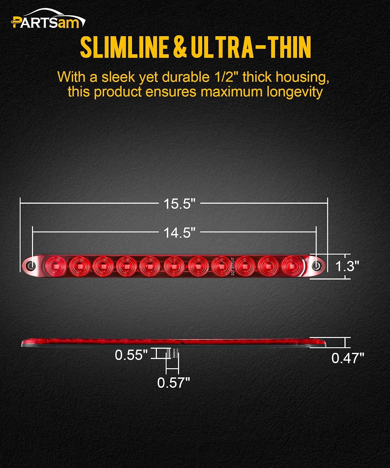 Partsam 10Pcs Red 15 Inch 11 LED Trailer Tail Light Bar Sealed Stop Turn Tail Park Third 3rd Brake Light Bar Trailer Center Light Bar for 80" or Wider Trailers DOT Certified and IP67 Submersible