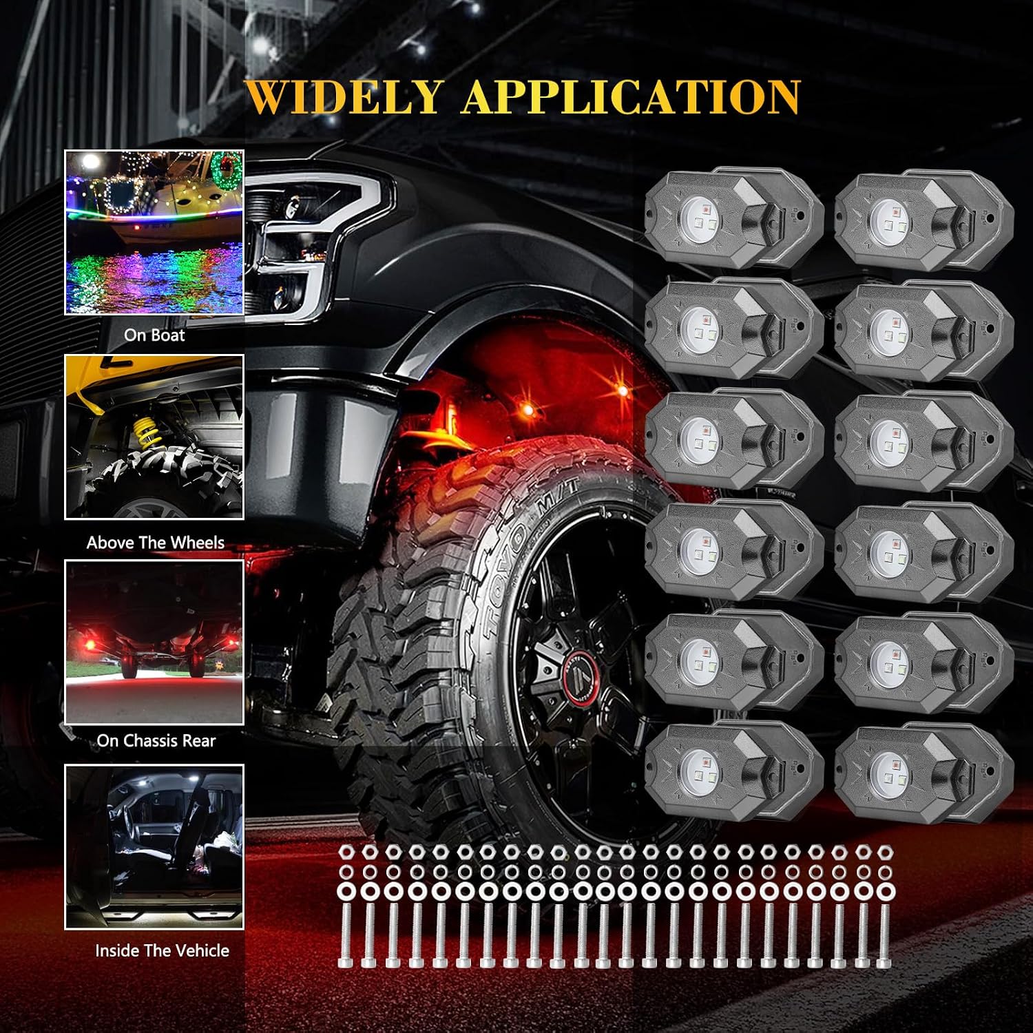 RGB Rock Light Kits, Niking Auto 12 Pods RGB Underglow LED Rock Lights with App Control & Timing & Music Mode & Flashing Multicolor Neon LED Lights for Trucks Off Road UTV ATV Pickup Boat
