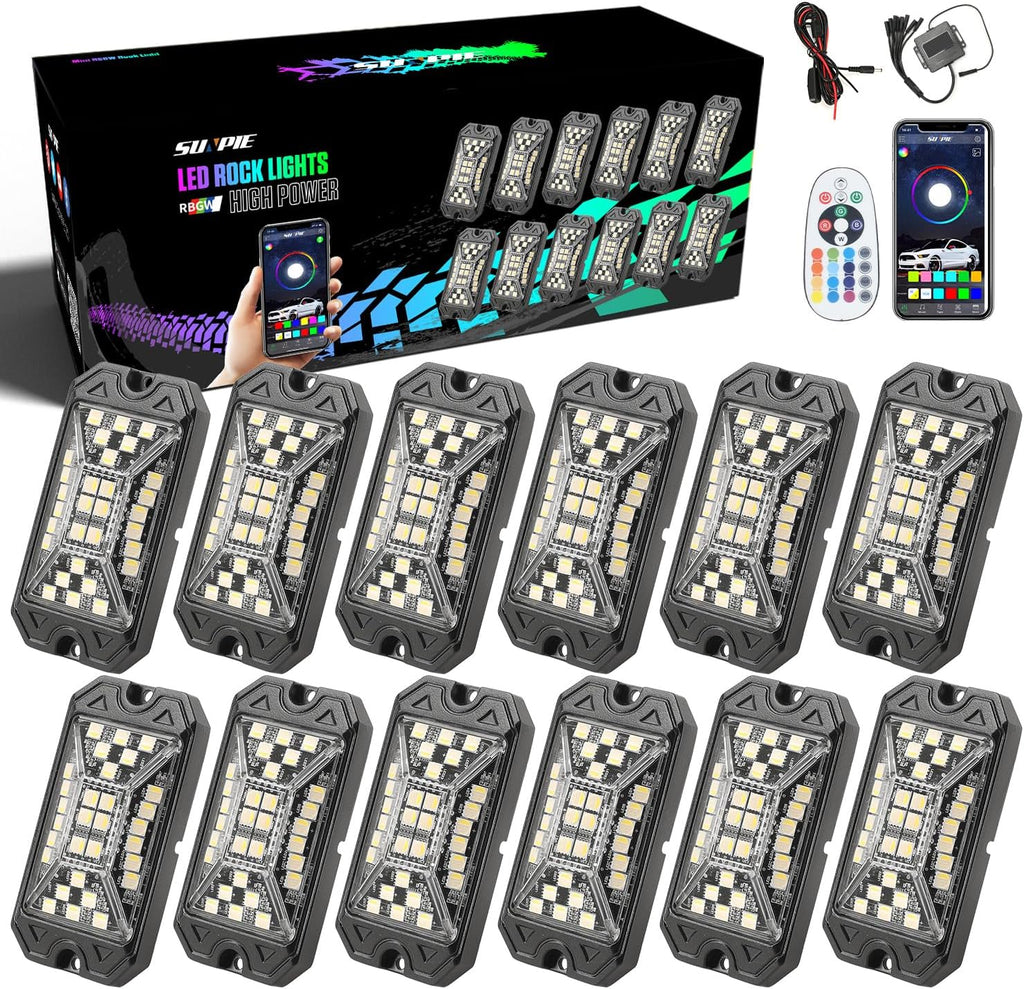 SUNPIE 12 Pods RGBW Rock Lights – Full Beam Angle, 30 High Power Chips, Aluminium Housing, Mounting Pads Included, IP67 Waterproof, Music Mode Underglow Lights, Fits Trucks, SUV, ATV, UTV, Boats