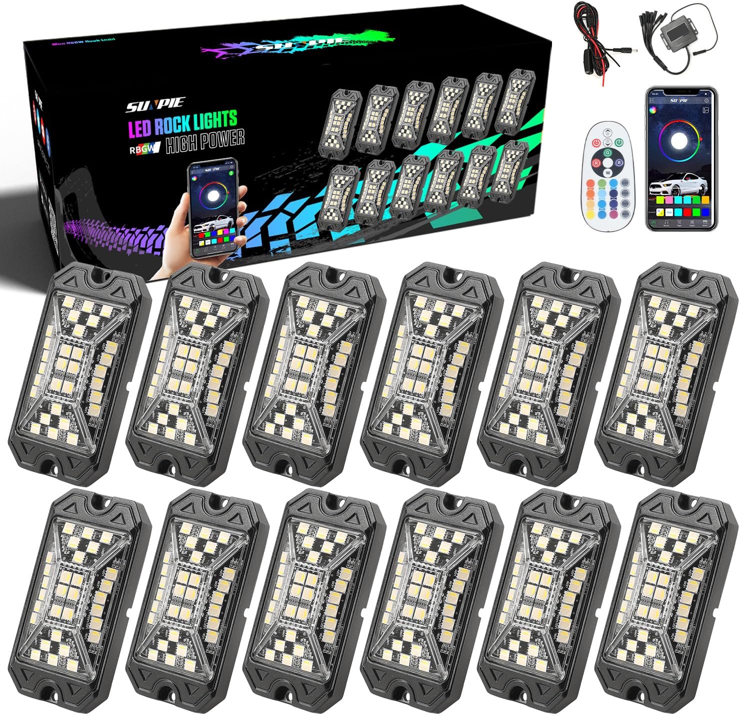 SUNPIE 12 Pods RGBW Rock Lights – Full Beam Angle, 30 High Power Chips, Aluminium Housing, Mounting Pads Included, IP67 Waterproof, Music Mode Underglow Lights, Fits Trucks, SUV, ATV, UTV, Boats