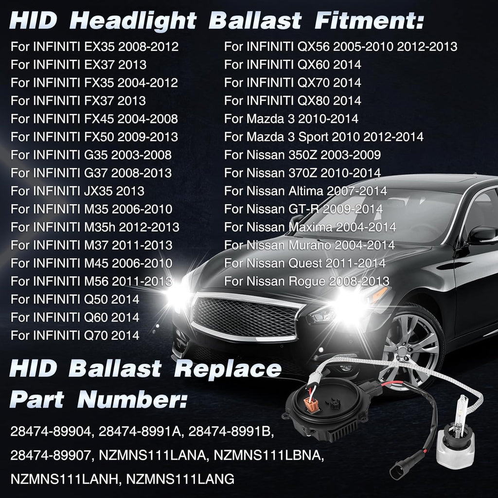 2 Packs HID Headlight Ballast W/Igniter & D2S Bulb for Infiniti EX35 EX37 FX35 FX37 FX45 FX50 G35 G37 JX35 Q50 Q60 Q70 QX56 QX60 QX70 QX80 28474-89904,28474-8991A Xenon Ballast Control Module