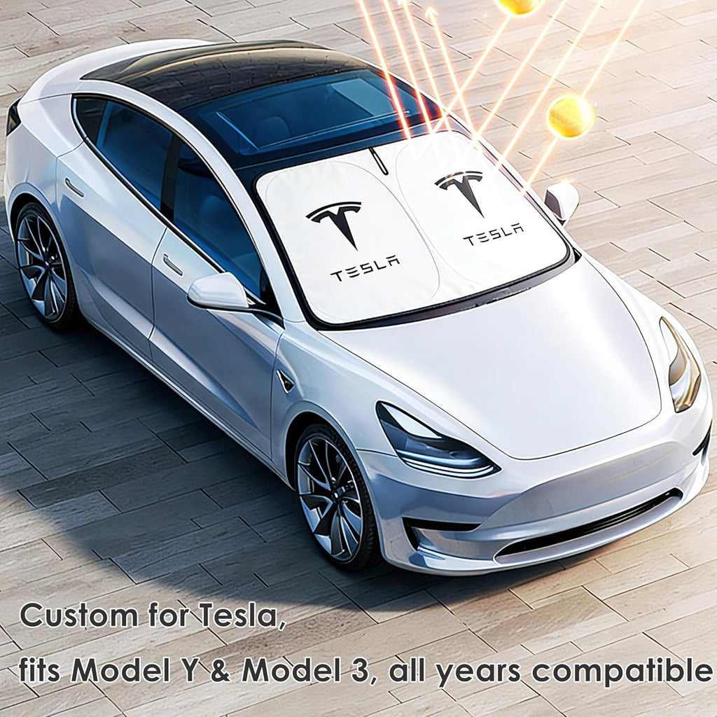 Windshield Sunshade for Tesla Model 3 & Model Y, Digital Printed Double-Sided Fabric Sun Visor, Silver Outside Black Inside UV Block Sunshade Compatible with 2017-2026 Model 3 2021-2026 Model Y
