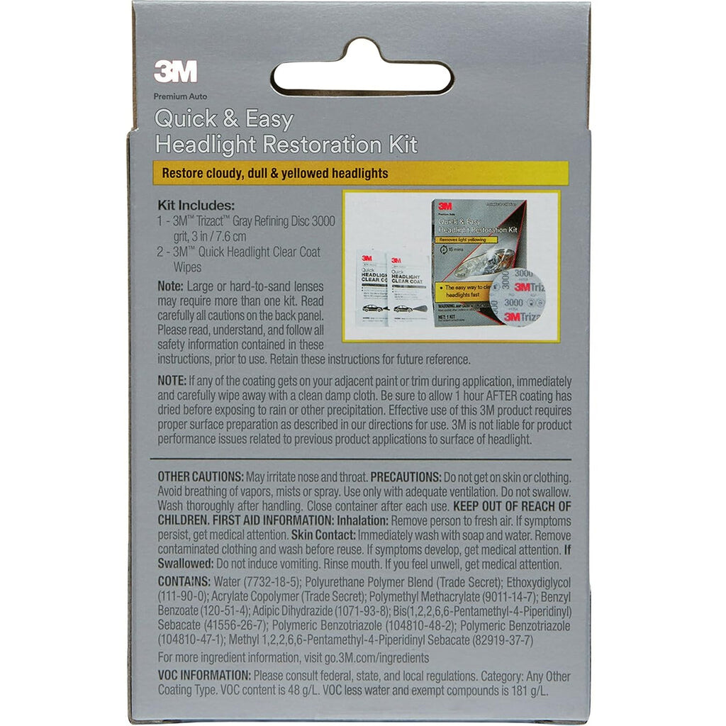 3M Quick and Easy Headlight Restoration Kit, Removes Light Yellowing in 15-Minutes, 39193, 1 Kit