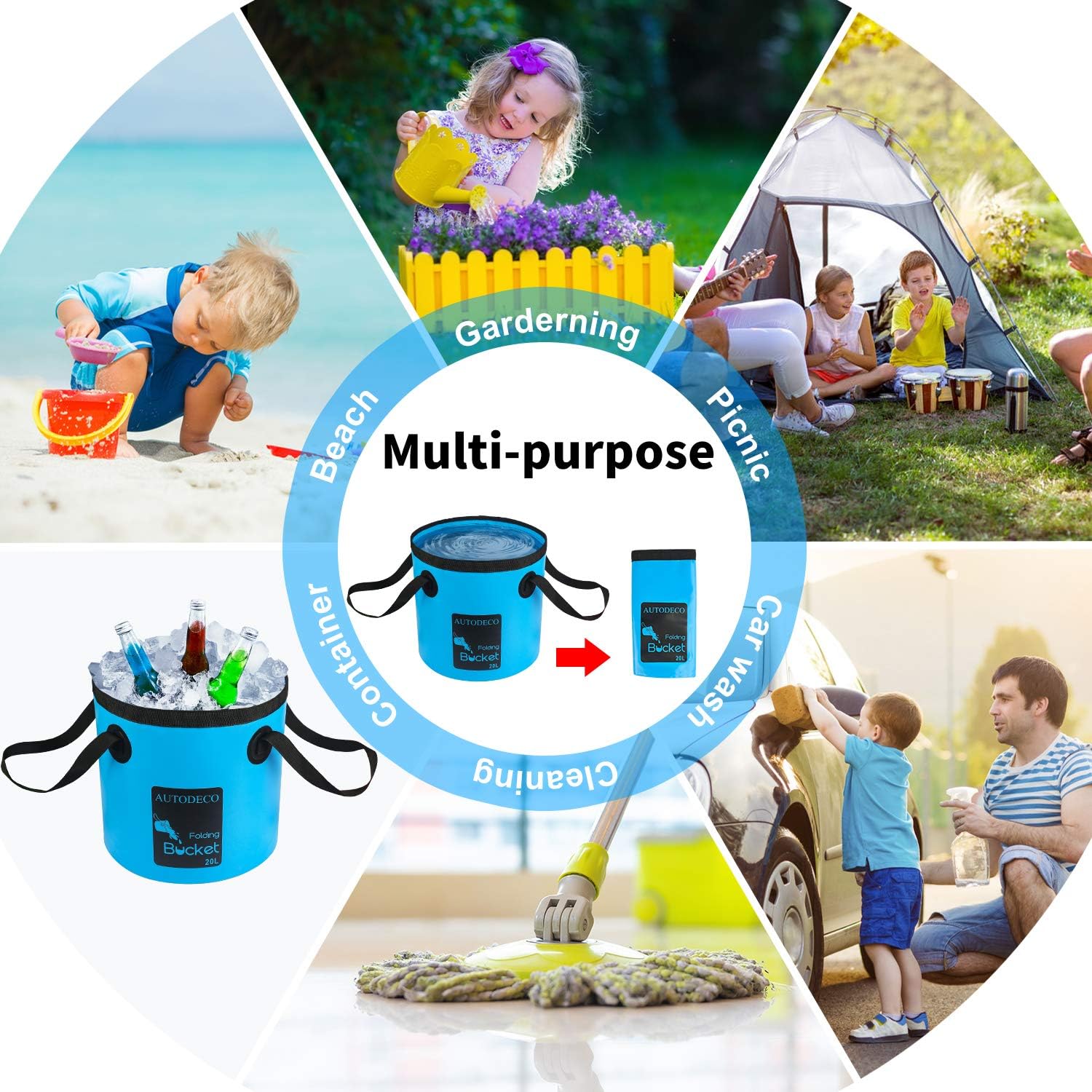 2 Pack Collapsible Bucket 5 Gallon Container Folding Water Bucket Portable Wash Basin for Outdoor Travelling Camping Fishing Gardening Car Washing 20L