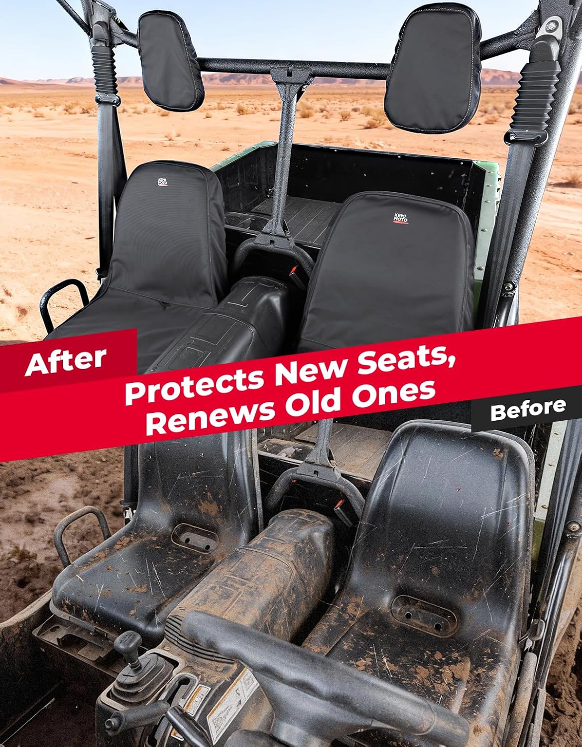 KEMIMOTO UTV Seat Cover with Drain Holes - 1680D Oxford Heavy-Duty & Water-Resistant Compatible with Hisun/Axis 500 700, Massimo MSU500 MSU700, Coleman UT500 UT700, Headrest Covers Included 2-PC Set