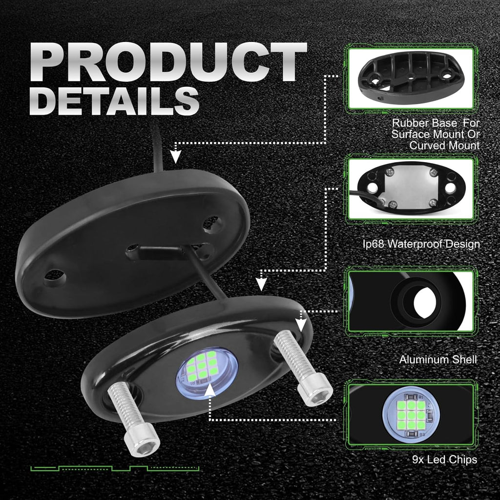 12 Pods Green LED Rock Lights Neon Underglow Light for Car Truck ATV SUV Under Body Glow Light Trail Fender Lighting