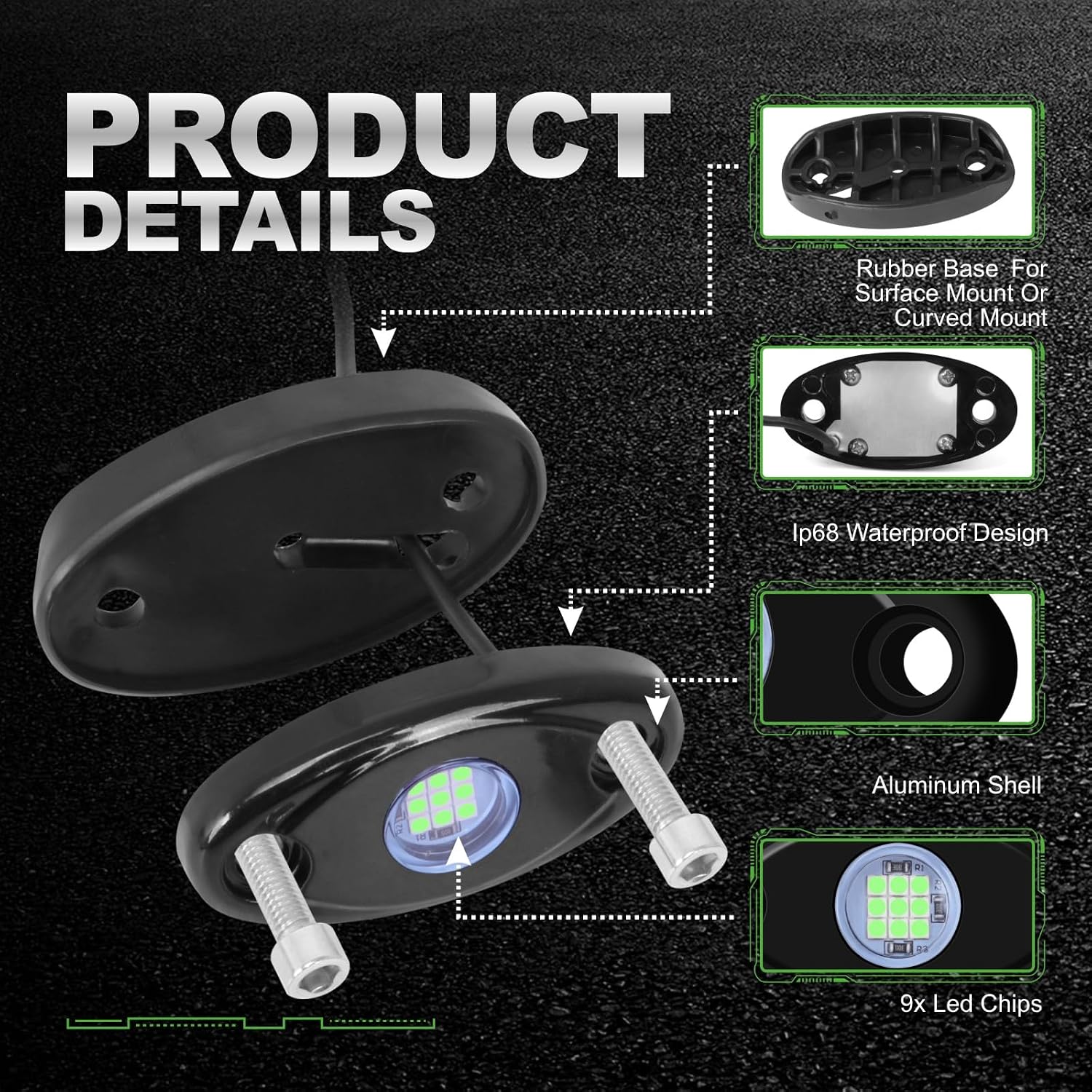 12 Pods Green LED Rock Lights Neon Underglow Light for Car Truck ATV SUV Under Body Glow Light Trail Fender Lighting