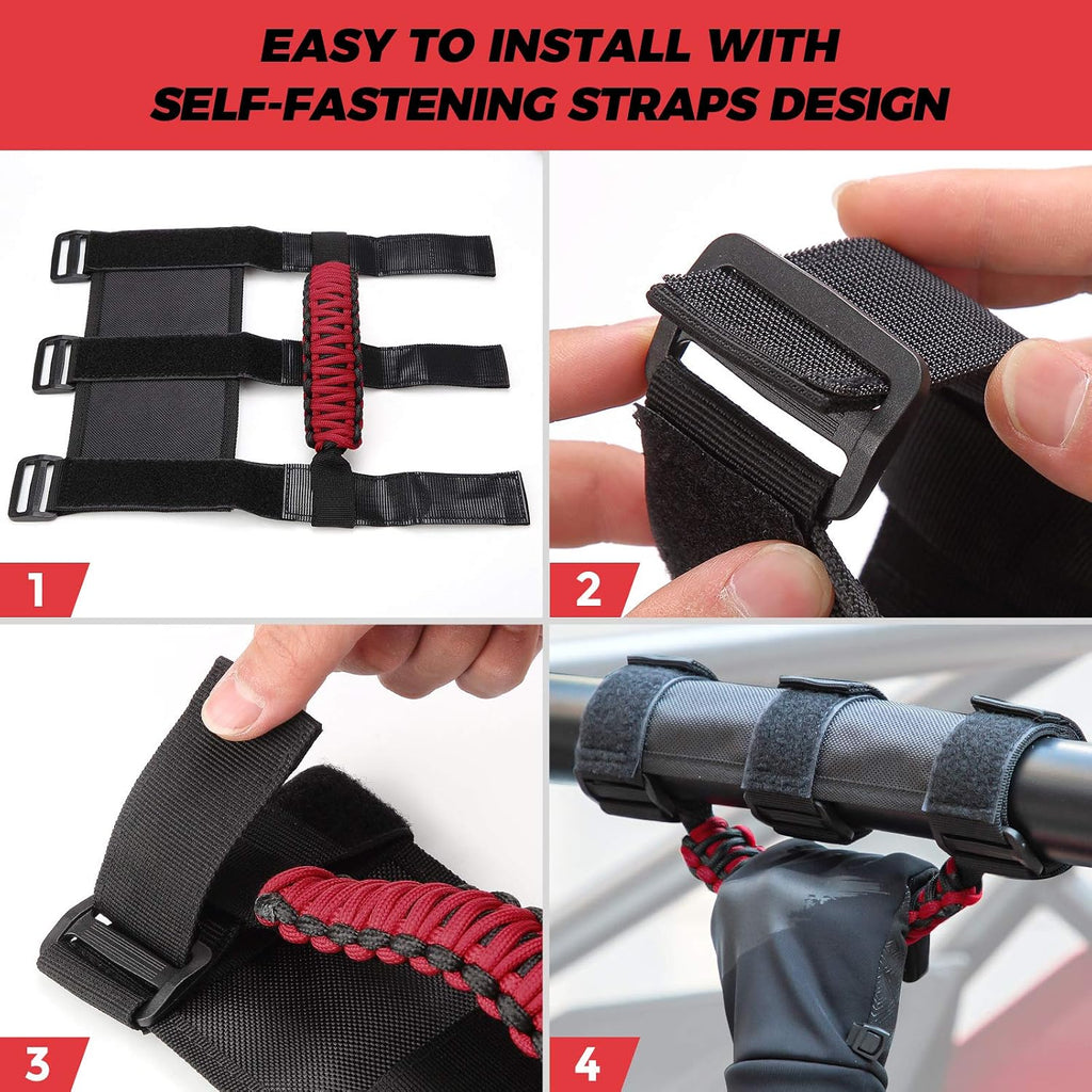 KEMIMOTO UTV Grab Handles, Triple Straps Absorb Sweat Breathable Red Paracord Hand Grip for 1.5 to 2'' Roll Bar Compatible with Polaris RZR, Mavericks, UForce, Talon Pioneer, Mule, 2Pack