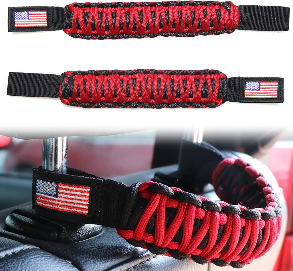 sukemichi Headrest Grab Handles for Jeep Wrangler, Toyota Tacoma, Trucks, SUV, Ford Bronco Accessories, Paracord Headrest Rear Seat Passenger Grip Handles, Universal, Red, Flag, 1 Pair