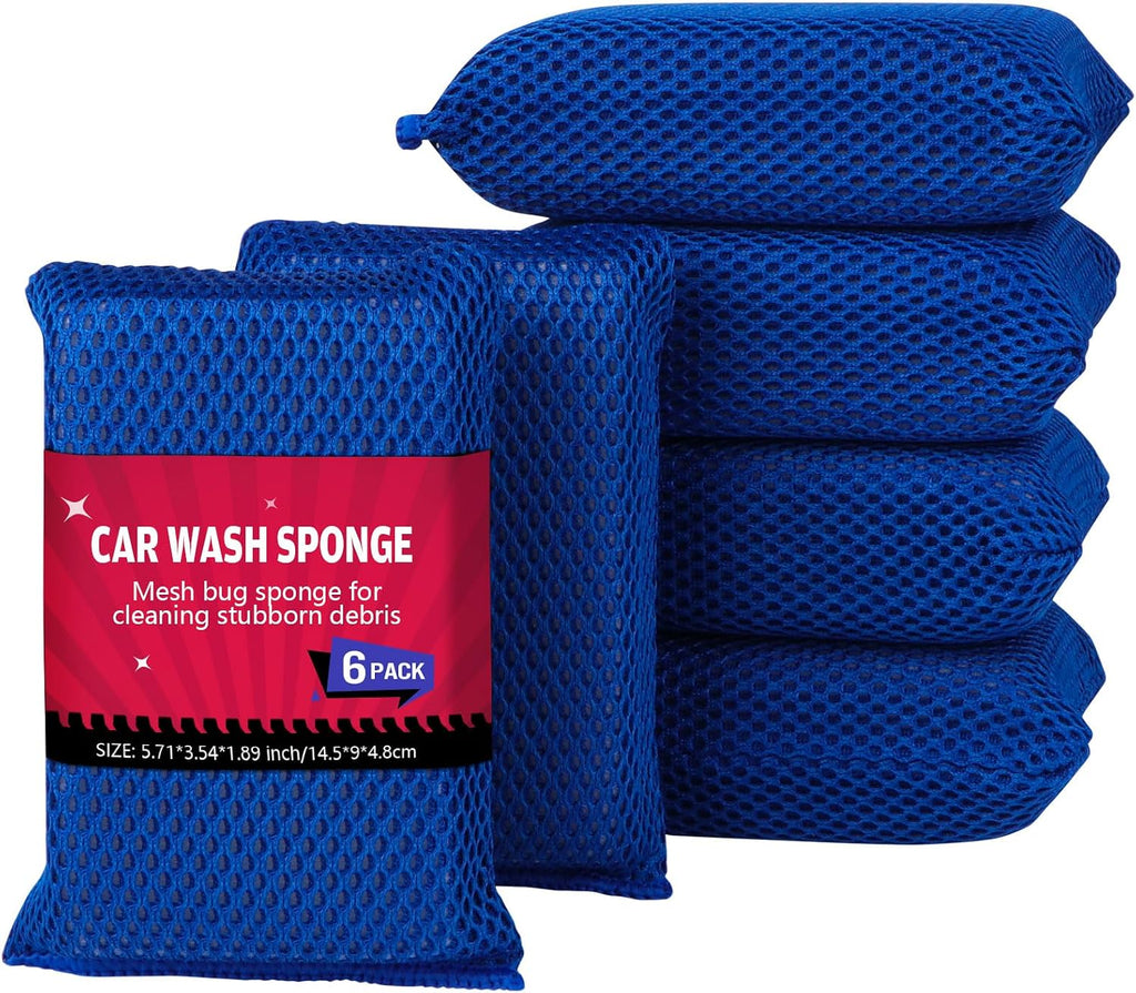 AIDEA Car Wash Sponge 6PK, Microfiber Large Bug and Tar Remover for Cars | Non Scratch Reusable Mesh Car Wash Sponges, Blue, 5.71*3.54*1.89 inch