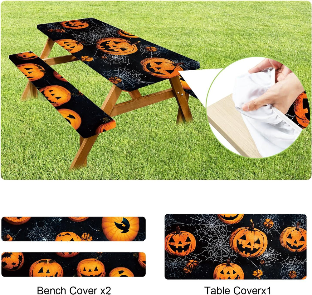 ANNA QUEEN Halloween Pumpkin 6FT Picnic Table Cover Set, Spooky 3PCS 72"...