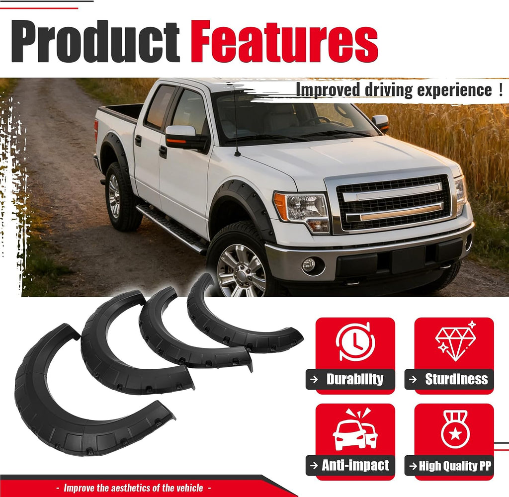 Fender Flares Compatible with 2009-2014 Ford F-150 | Styleside Bed 67.0"/78.8"/97.4", Excludes Platinum & Raptor Models, Pocket Rivet Style, Textured Black, 4PCS