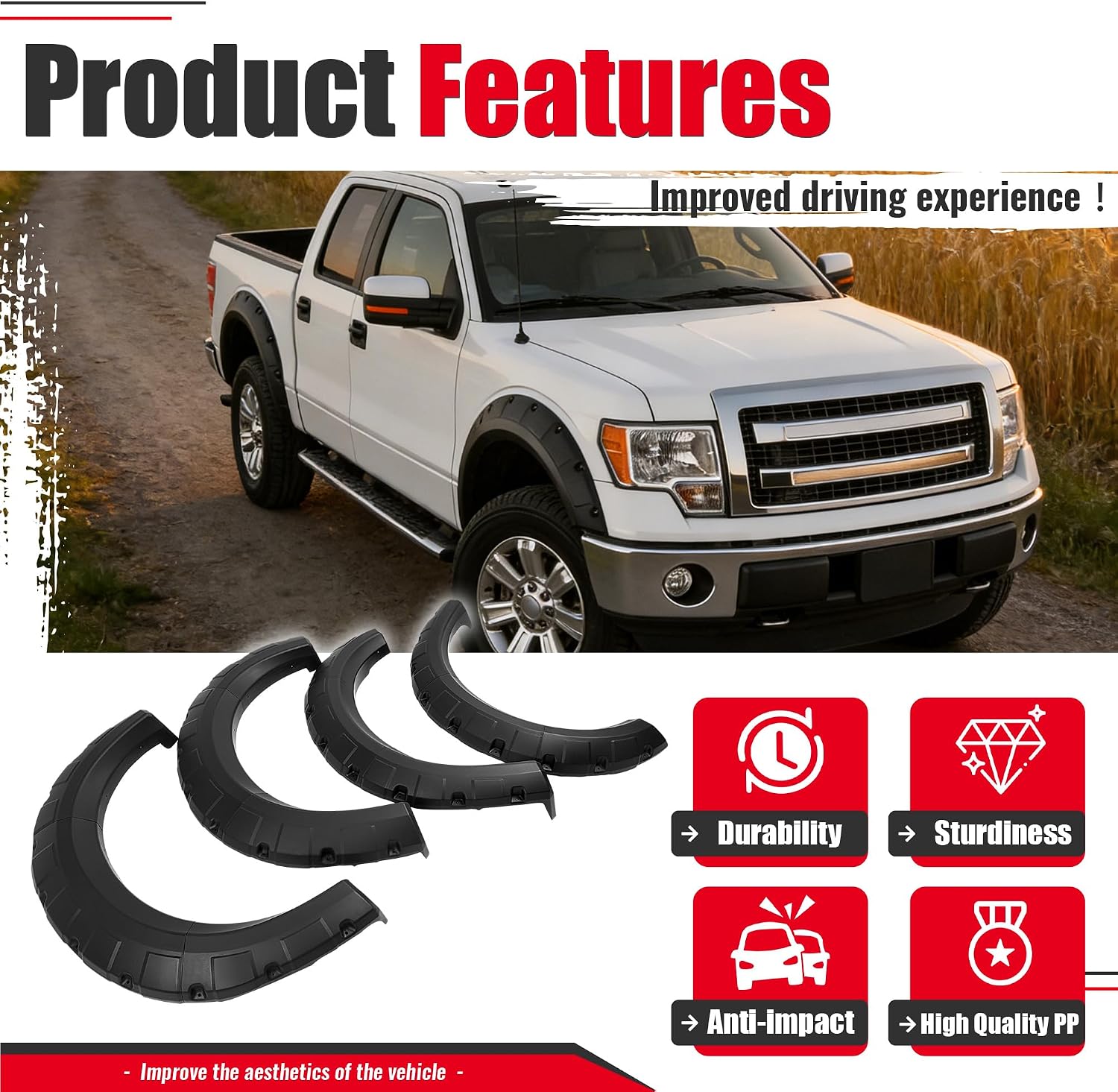 Fender Flares Compatible with 2009-2014 Ford F-150 | Styleside Bed 67.0"/78.8"/97.4", Excludes Platinum & Raptor Models, Pocket Rivet Style, Textured Black, 4PCS
