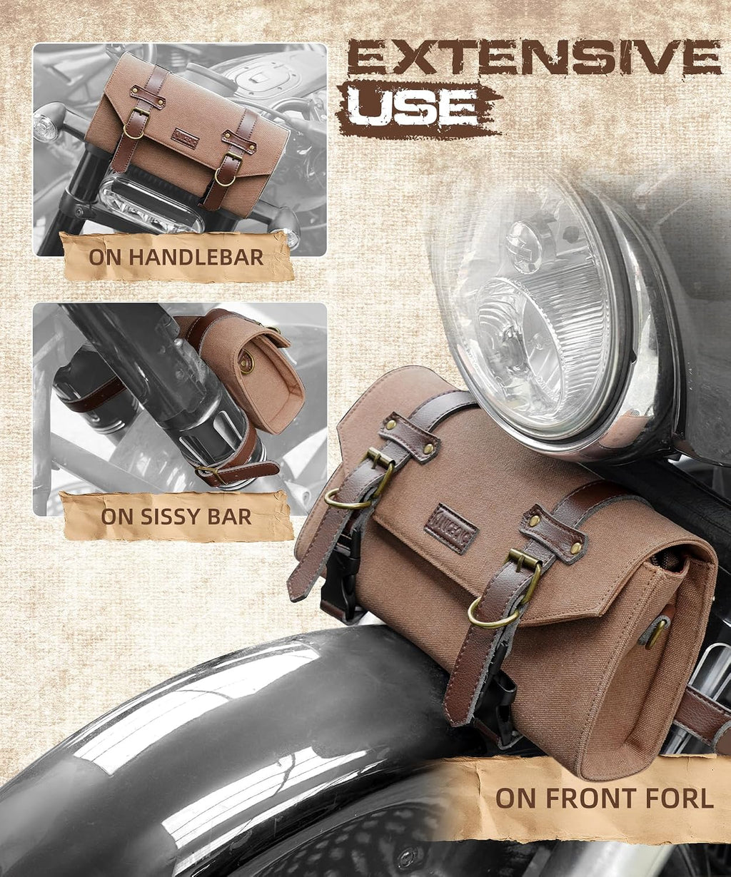 NICECNC Motorcycle Handlebar Bag Universal Canvas Motorcycle Tool Bag for Front Fork Sissy Bar Storage Pouch Dyna Softail Sportster Scooter