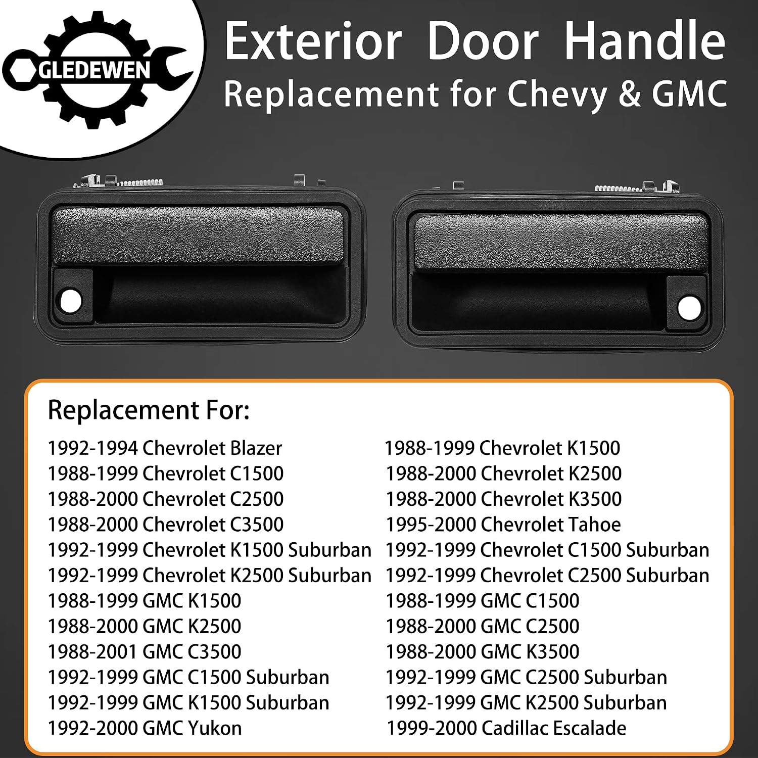 Metal Exterior Door Handle, Compatible with 1988-2001 Chevy K1500 K2500 K3500 C1500 C2500 C3500, GMC C/K 1500 2500 3500 Pickup Suburban, Tahoe, Yukon, Cadillac, Outside Front Right & Left, Metal Lever