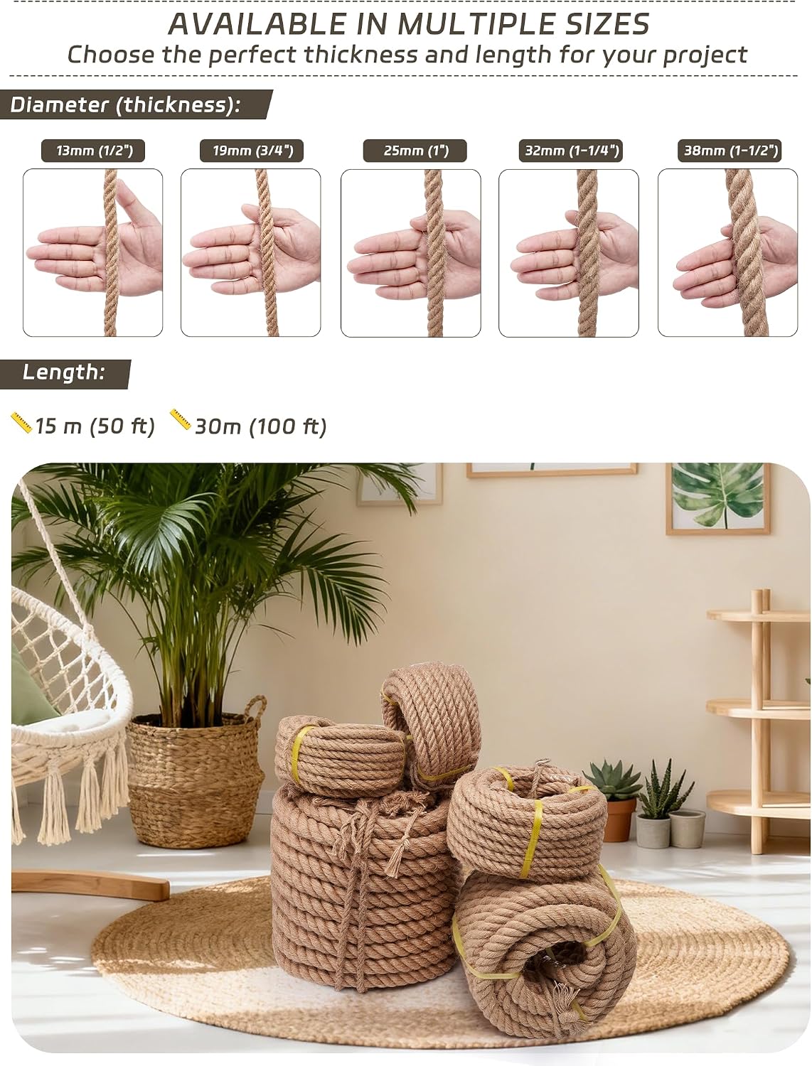 Natural Jute Rope 1 Inch × 25 Ft [Heavy Duty 4 Strands Twisted Manila] Hemp Rope for Swing Bed, Crafts, Railing, Tug of War, Landscaping, Gardening, Bundling, Hammock, Home Decorating
